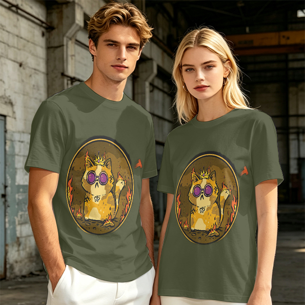 Olive T-Shirt With Flaming Royal Cat Wearing Sunglasses Print