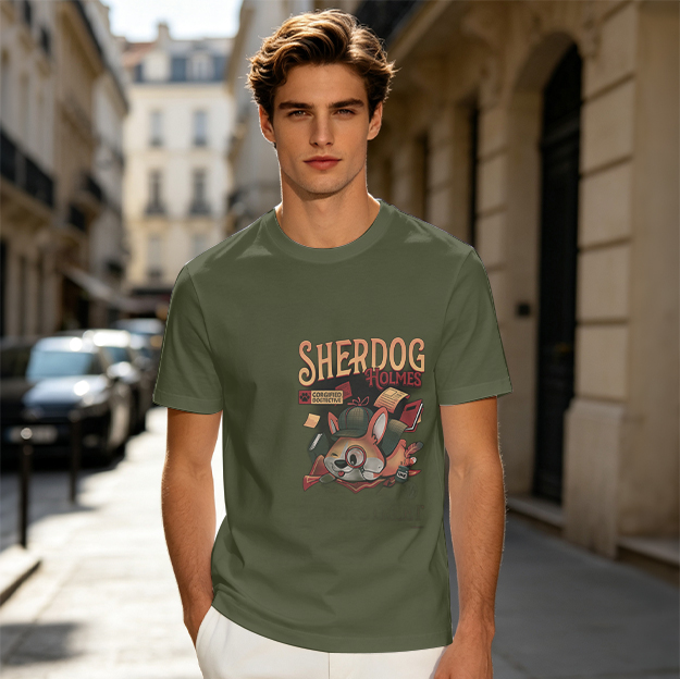 Olive T-Shirt with Sherdog Holmes Detective Dog Graphic Print