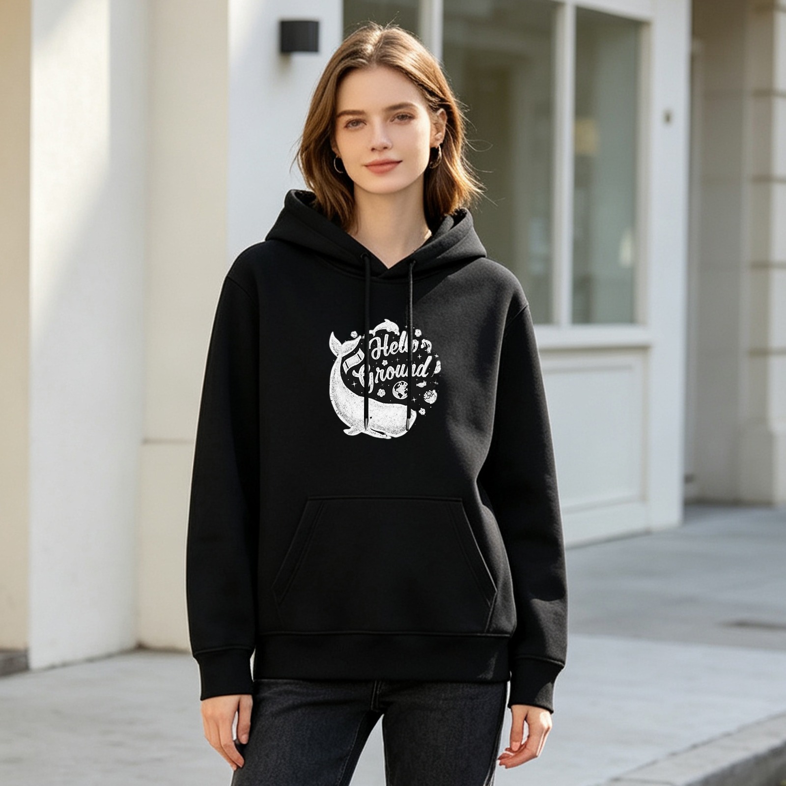 Black hoodie with whale and Hello Ground graphic print