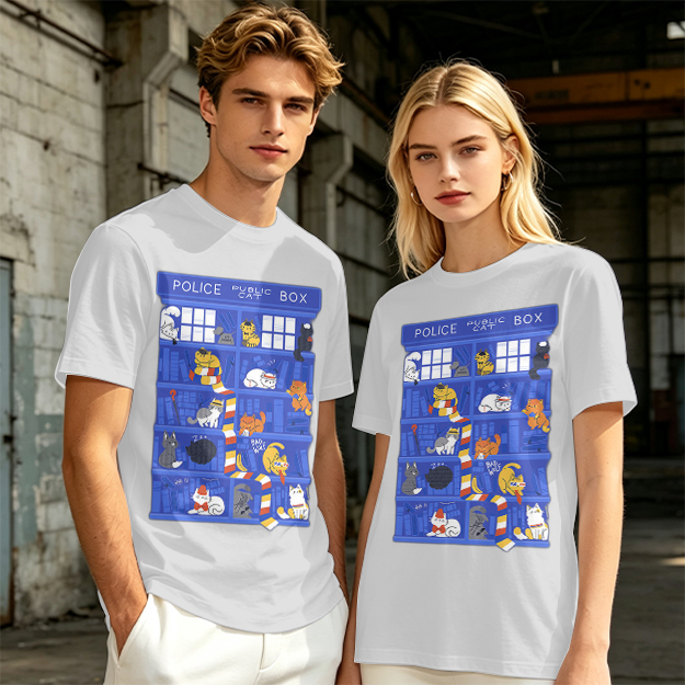 Olive T-Shirt with Police Box and Playful Cats Graphic