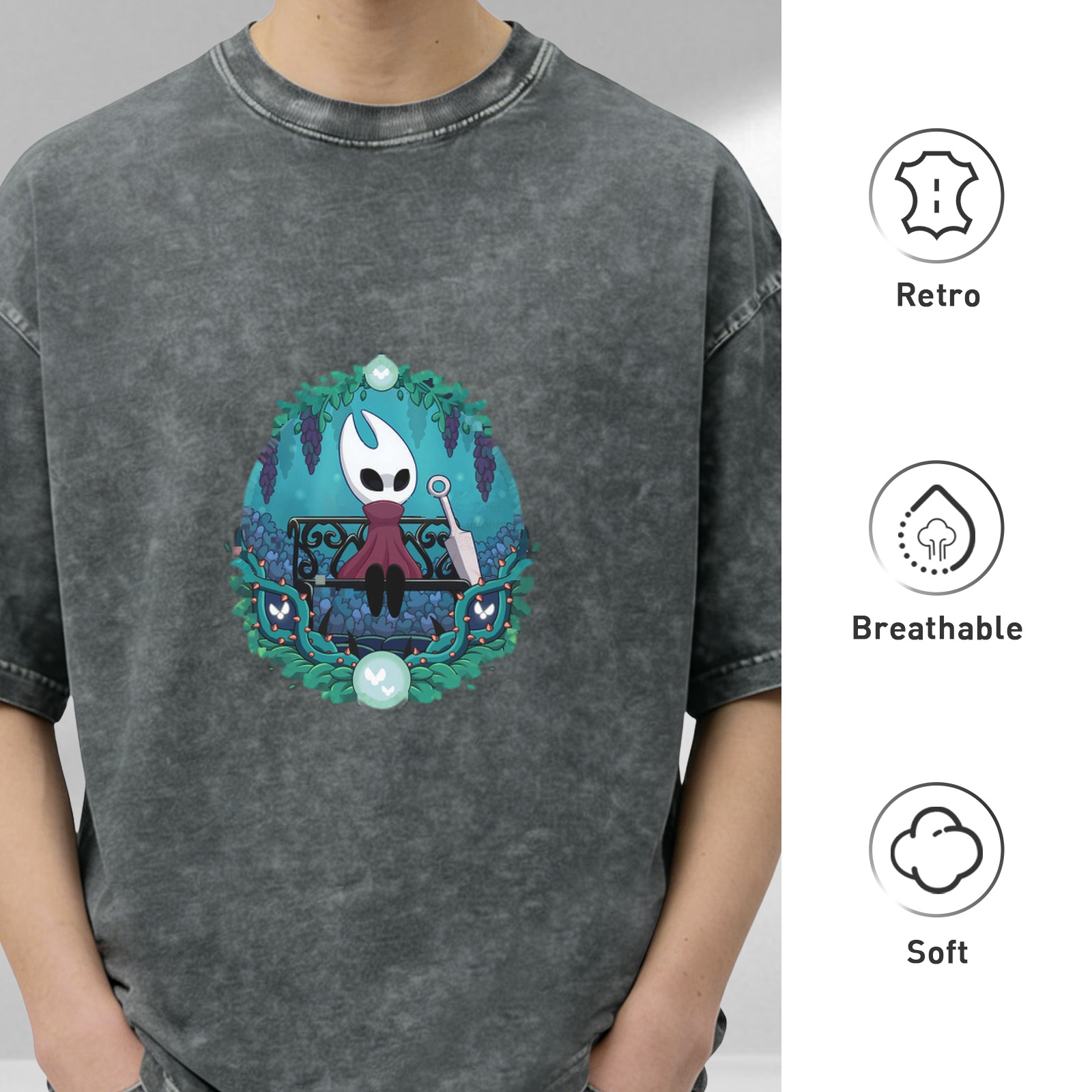 Hollow Knight Themed Dark Wash Graphic T-Shirt