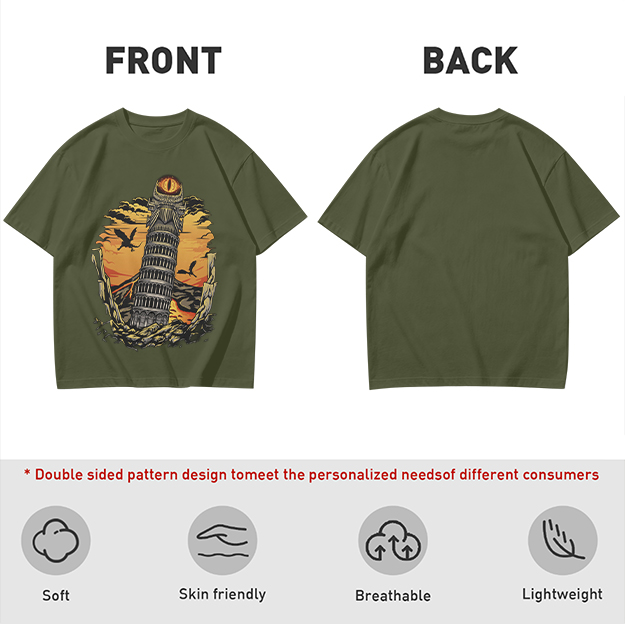Ominous tower with eye and flying creatures graphic t-shirt