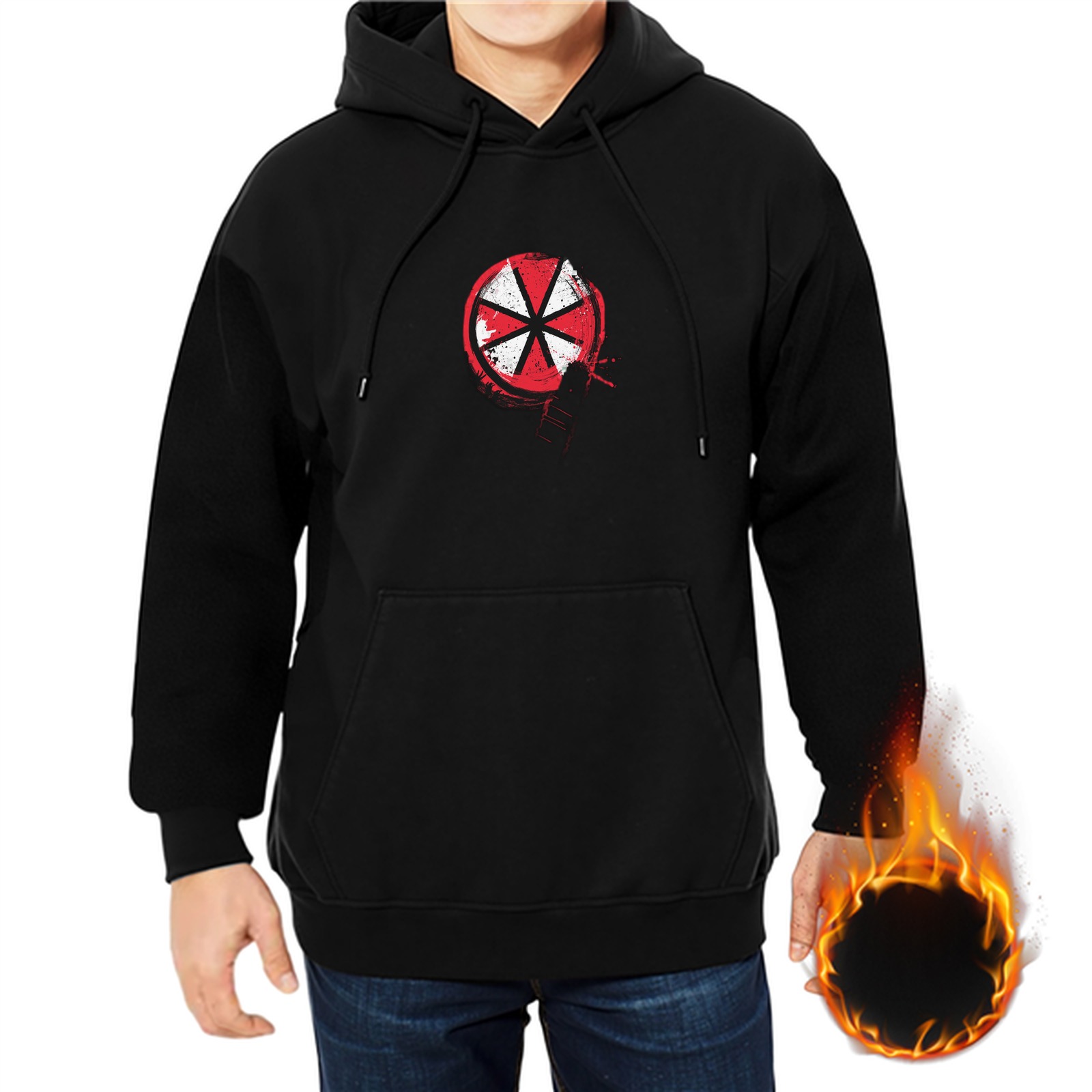 Black Hoodie With Distressed Red Circular Star Graphic