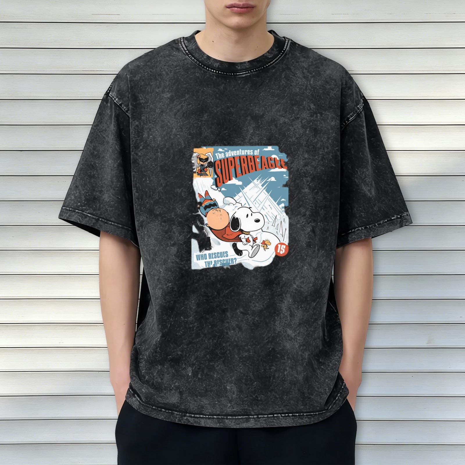 Snoopy Superbeagle Comic Print Oversized Acid Wash T-Shirt