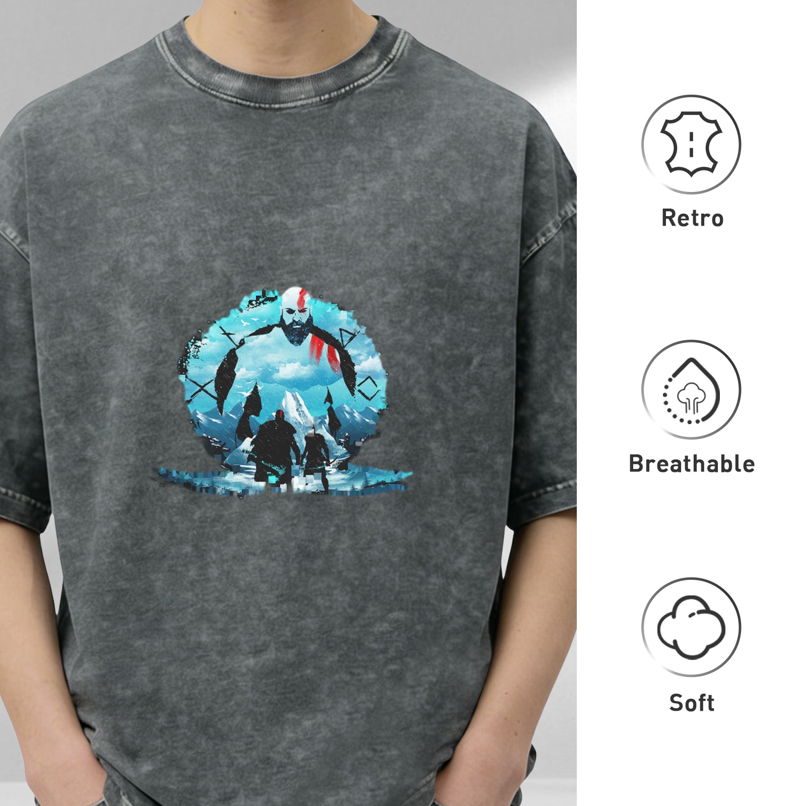 God of War Kratos & Atreus Graphic Print Stone Wash Oversized T-shirt