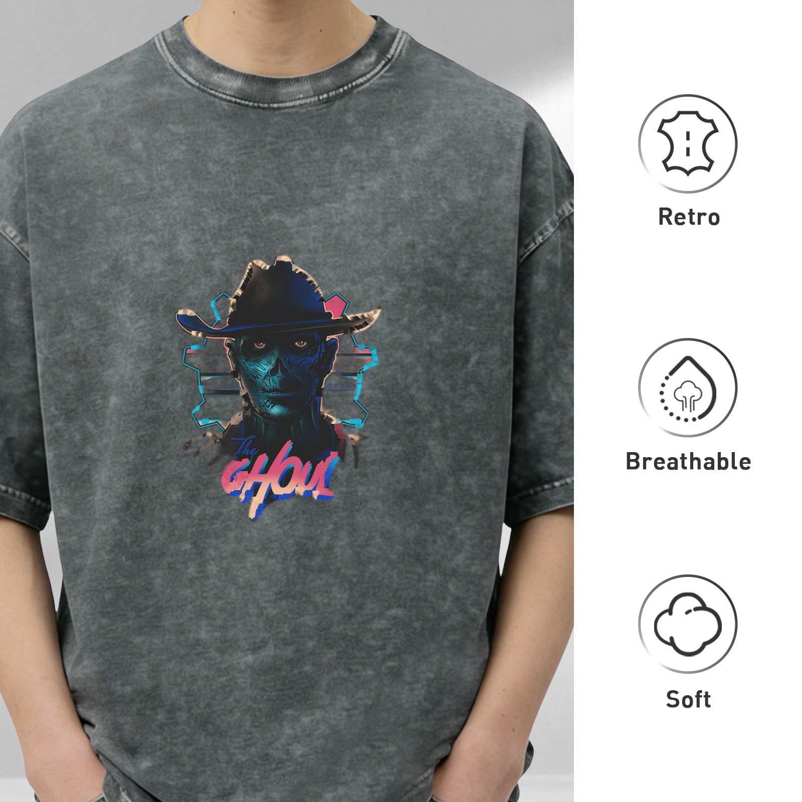 Washed Black T-Shirt with Retro The Ghoul Cowboy Skull Graphic
