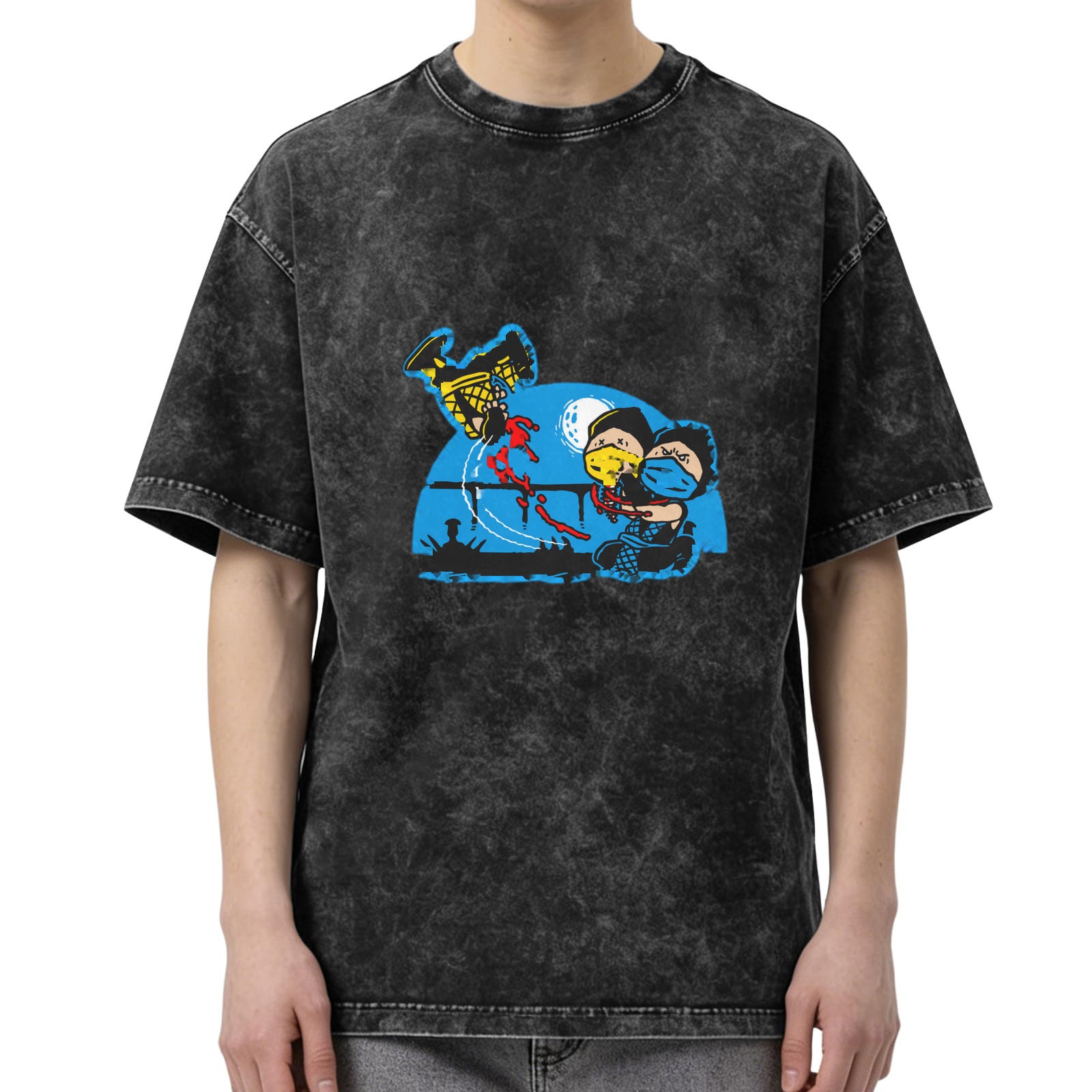 Washed Black Graphic T-Shirt With Cartoon Fight Scene Print