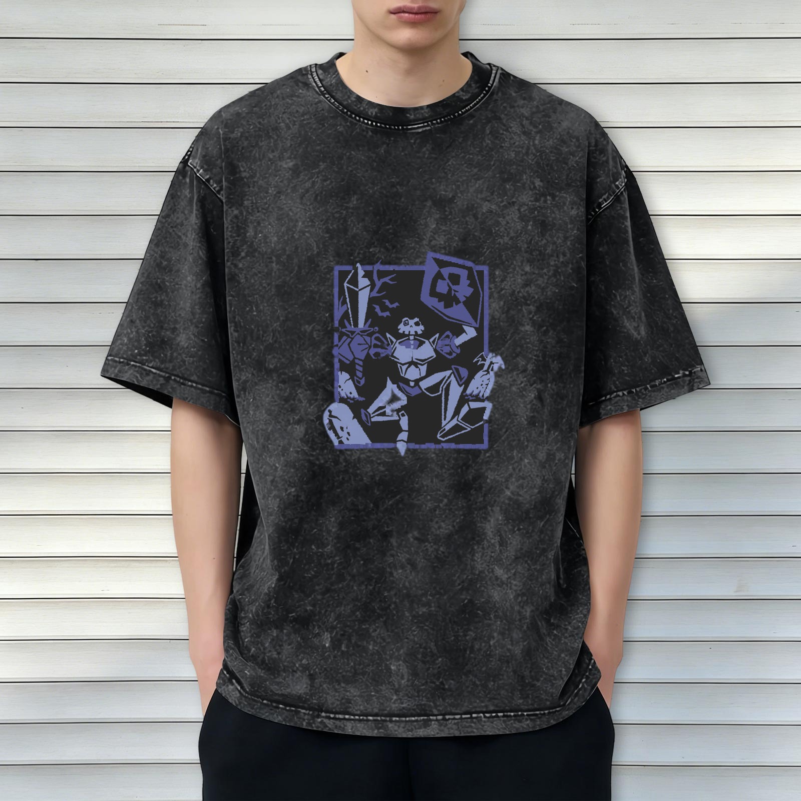 Oversized Dark Wash T-Shirt with Skeleton Warrior Graphic