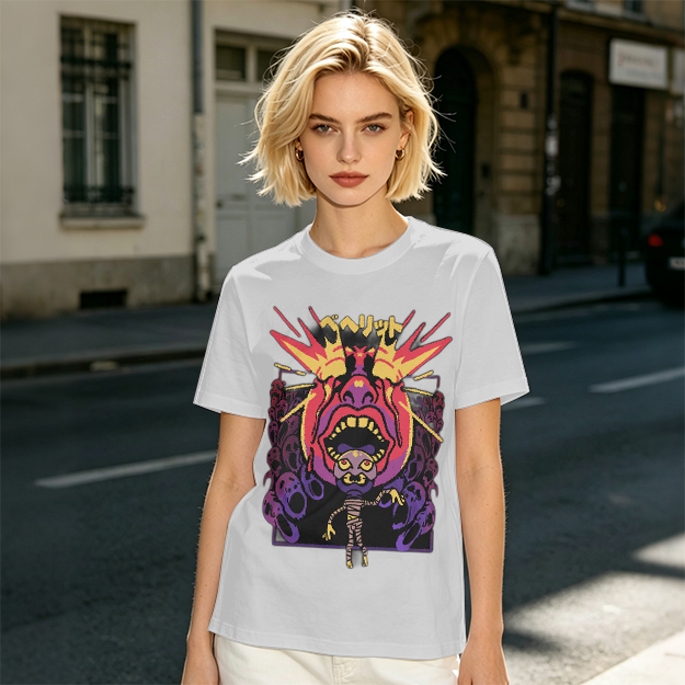 Olive t-shirt with surreal demon and ghost graphic print