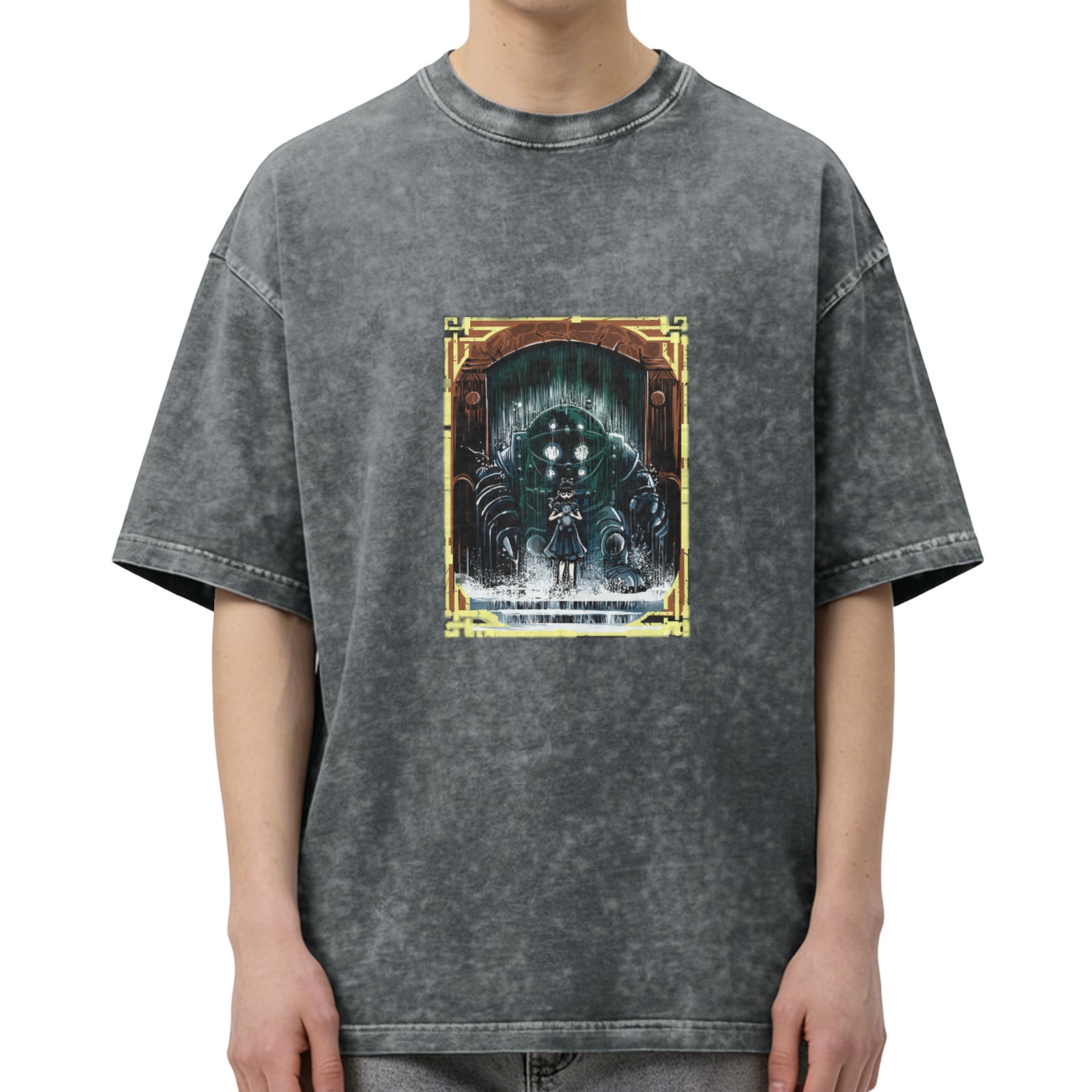 Retro washed black loose short-sleeved T-shirt with BioShock theme print
