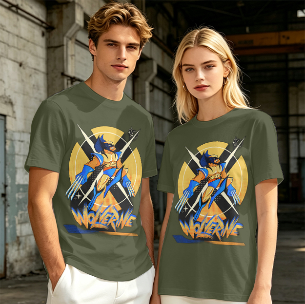 Olive Wolverine Graphic T-Shirt Featuring X-Men Symbol Art