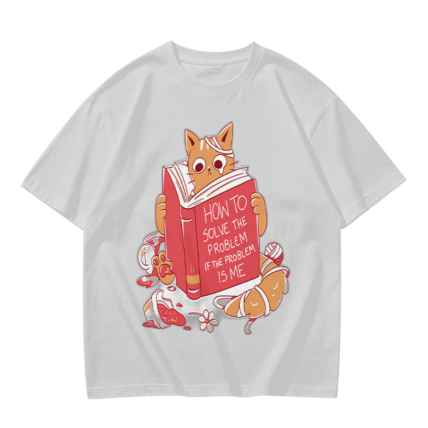Olive T-Shirt With Ginger Cat Reading Self-Help Book Print