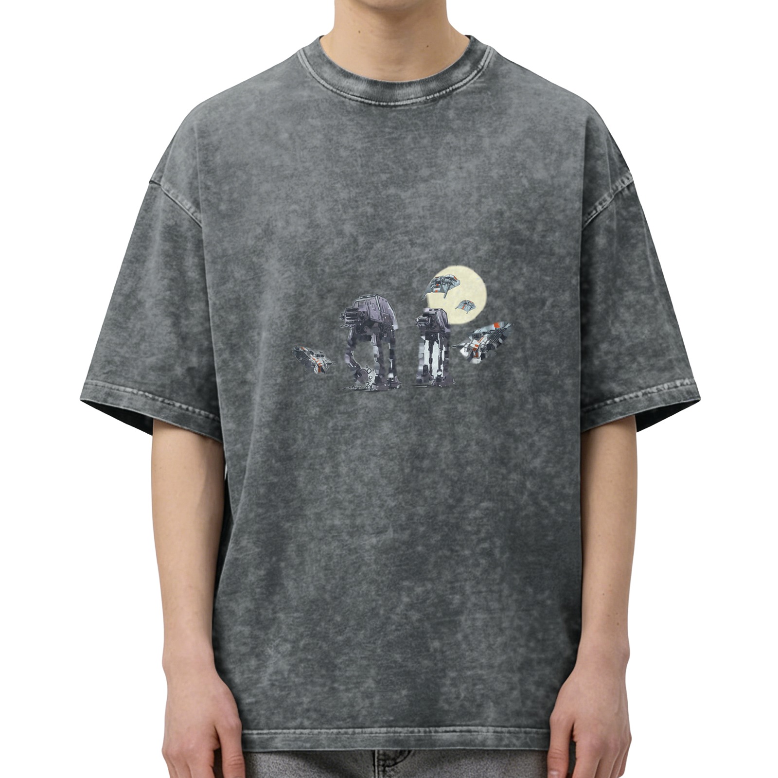 Washed black graphic t-shirt with Star Wars AT-AT and space ships design