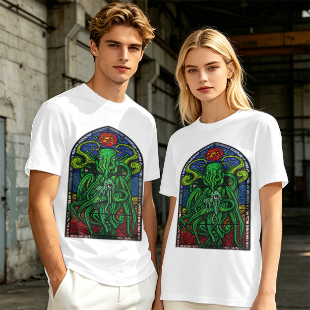 Olive T-Shirt with Cthulhu Stained Glass Style Graphic