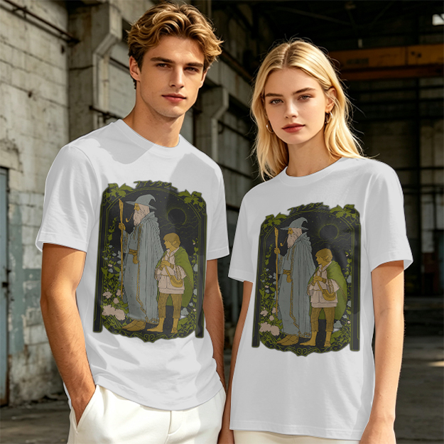 Olive T-Shirt with Wizard and Hobbit Fantasy Art Print