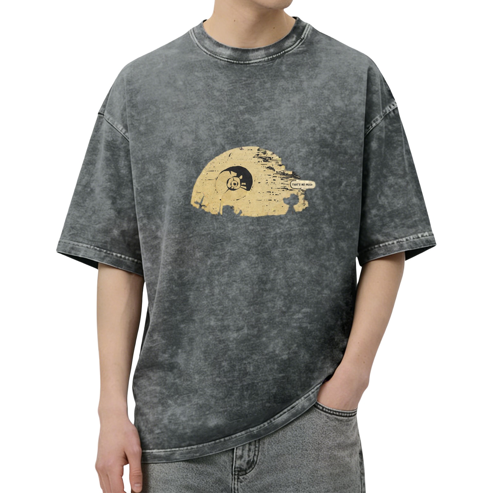 Distressed washed black Star Wars theme T-shirt round neck short-sleeved casual top
