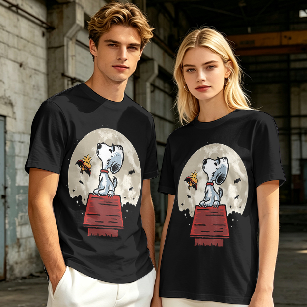Snoopy and Woodstock on Doghouse Under Full Moon T-Shirt