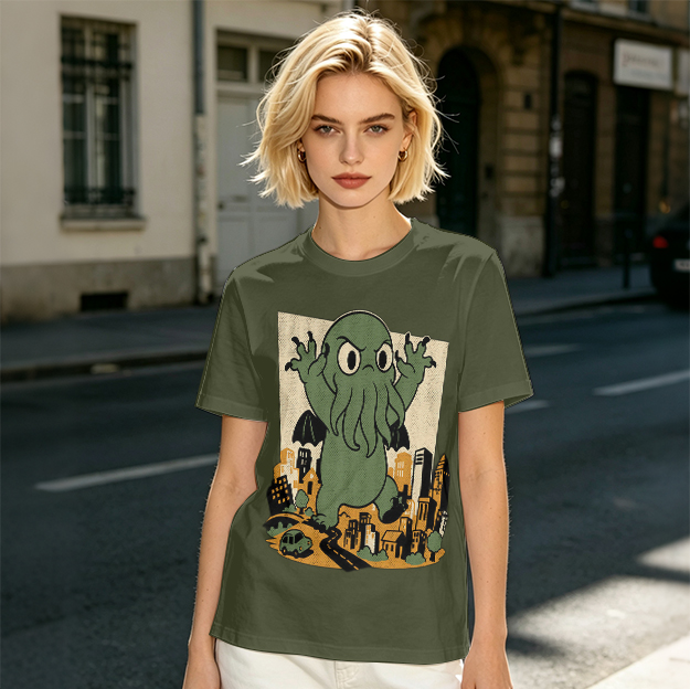 Olive T-shirt with cartoon Cthulhu monster destroying cityscape print