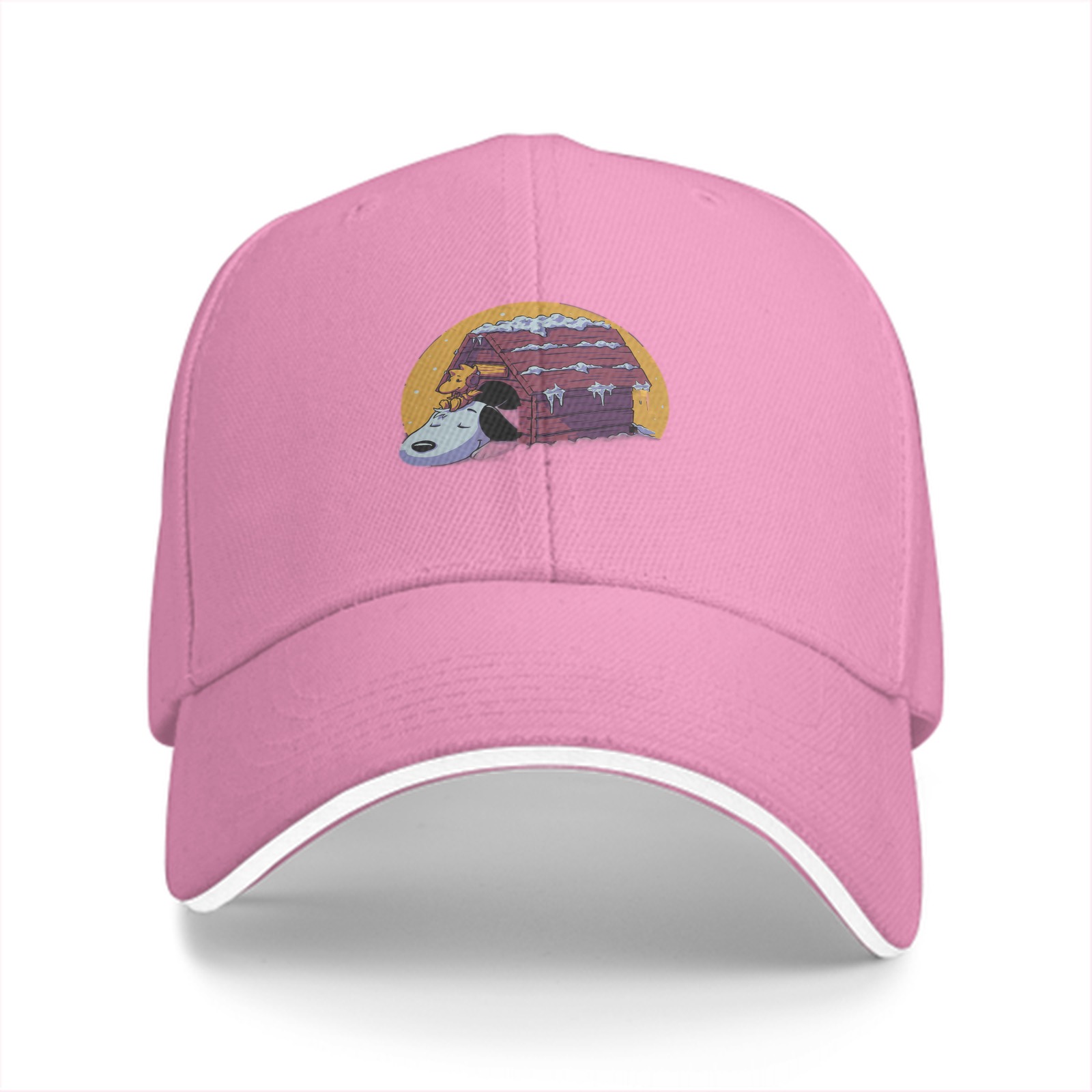 Black baseball cap with Snoopy and snow doghouse graphic