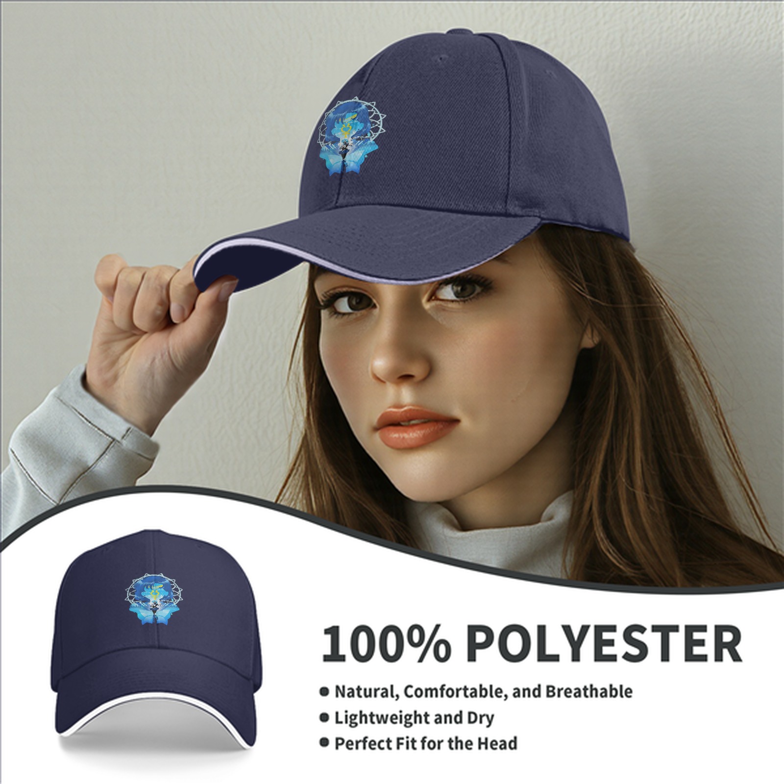 Black Baseball Cap With Blue Anime Character Art Print