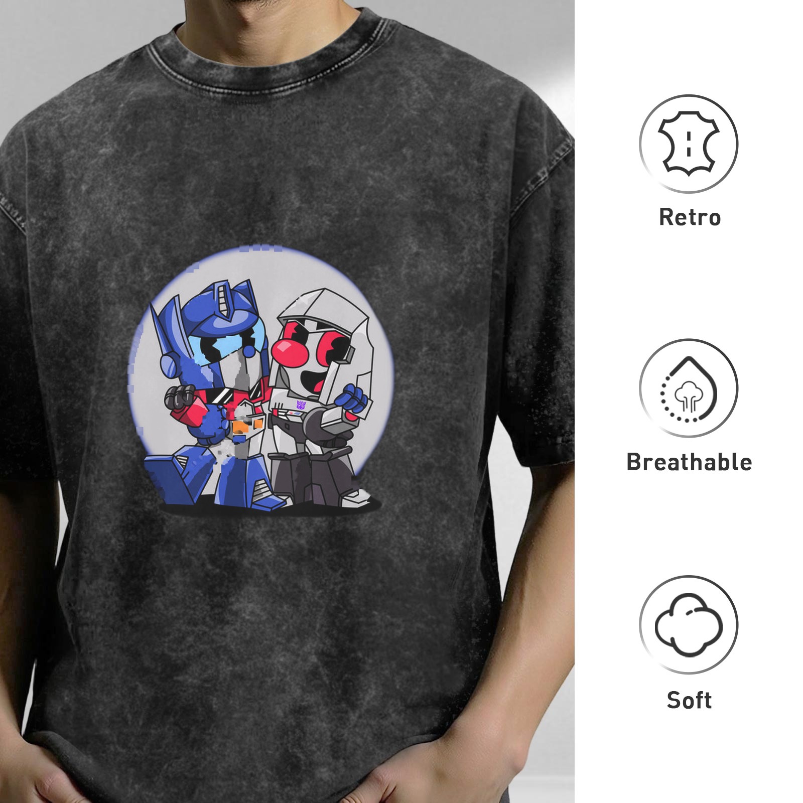 Oversized Dark Wash T-Shirt With Chibi Transformers Graphic