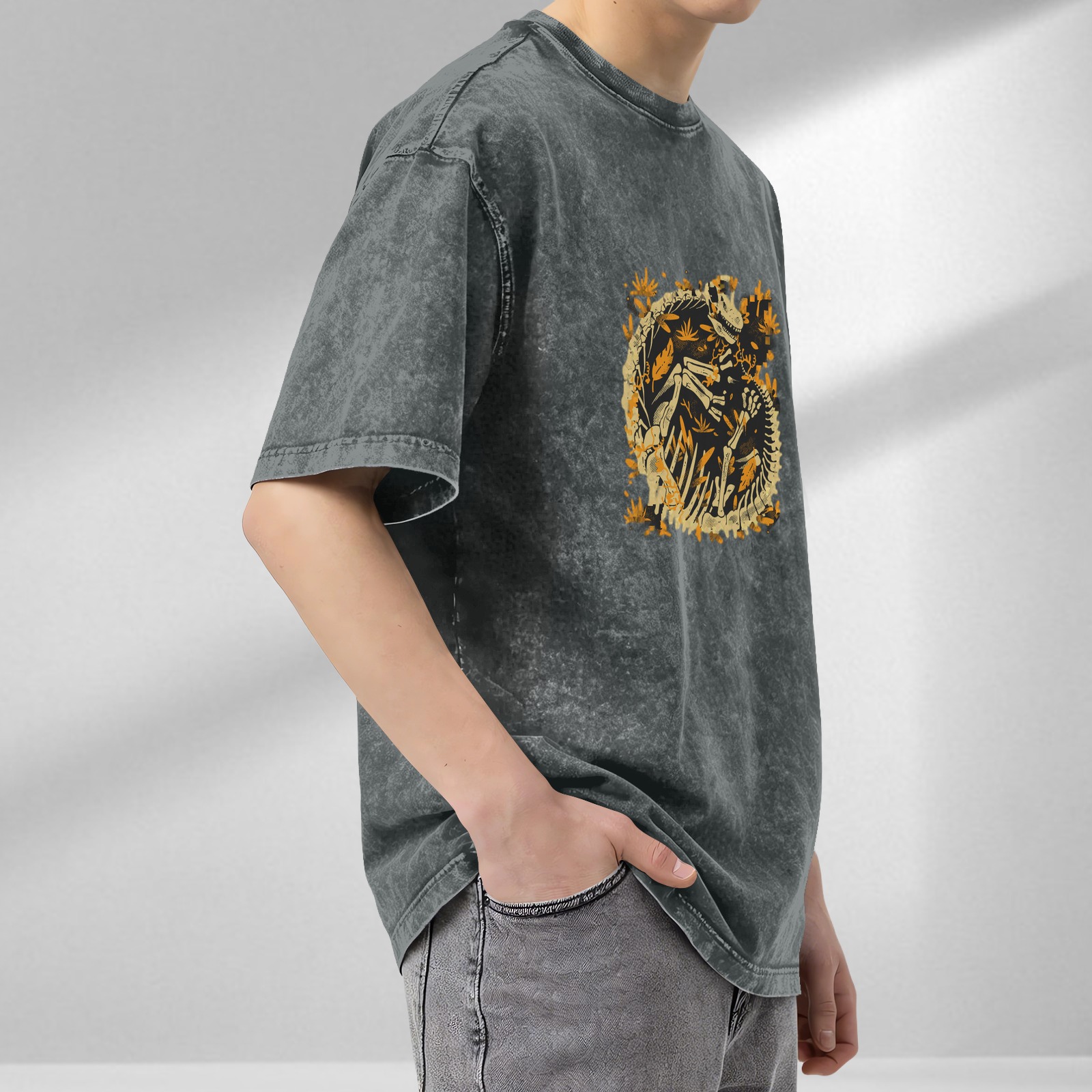 Oversized Acid Wash T-Shirt with Dinosaur Skeleton Fossil Print