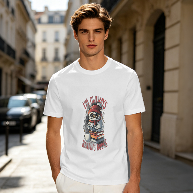 Owl reading books graphic olive green casual t-shirt