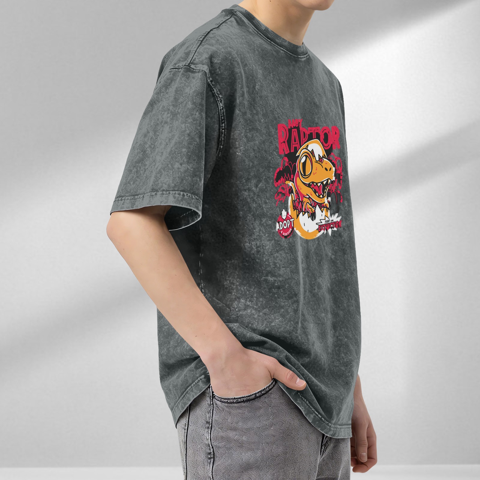 Baby Raptor Graphic Print Oversized Stone Wash T-Shirt