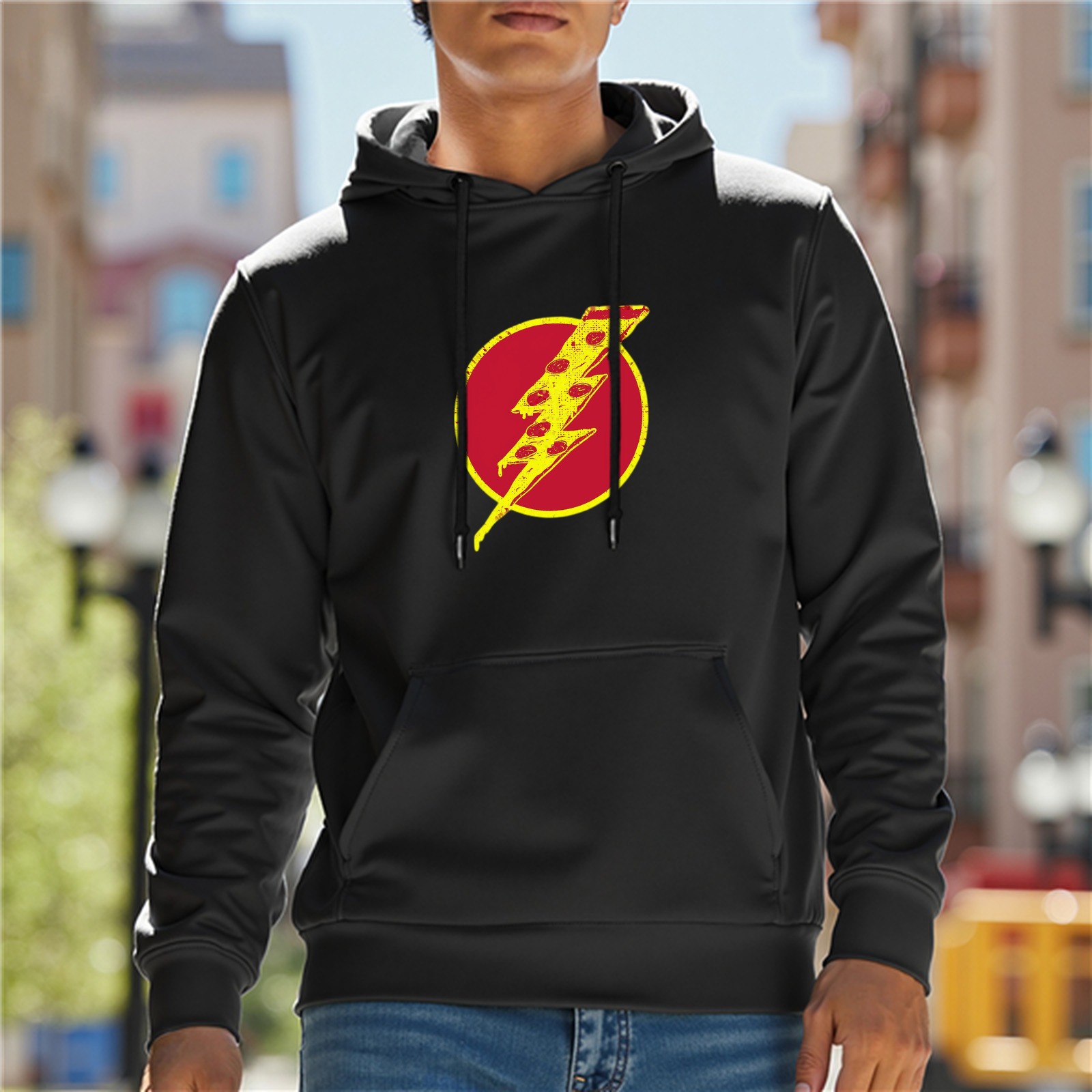 Black Hoodie With Distressed Flash Pizza Logo Design