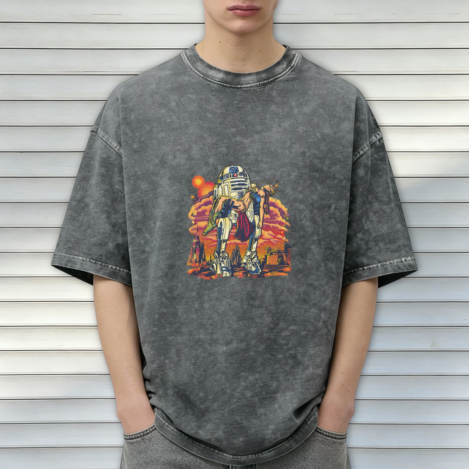 Distressed washed black Star Wars themed printed short-sleeved T-shirt