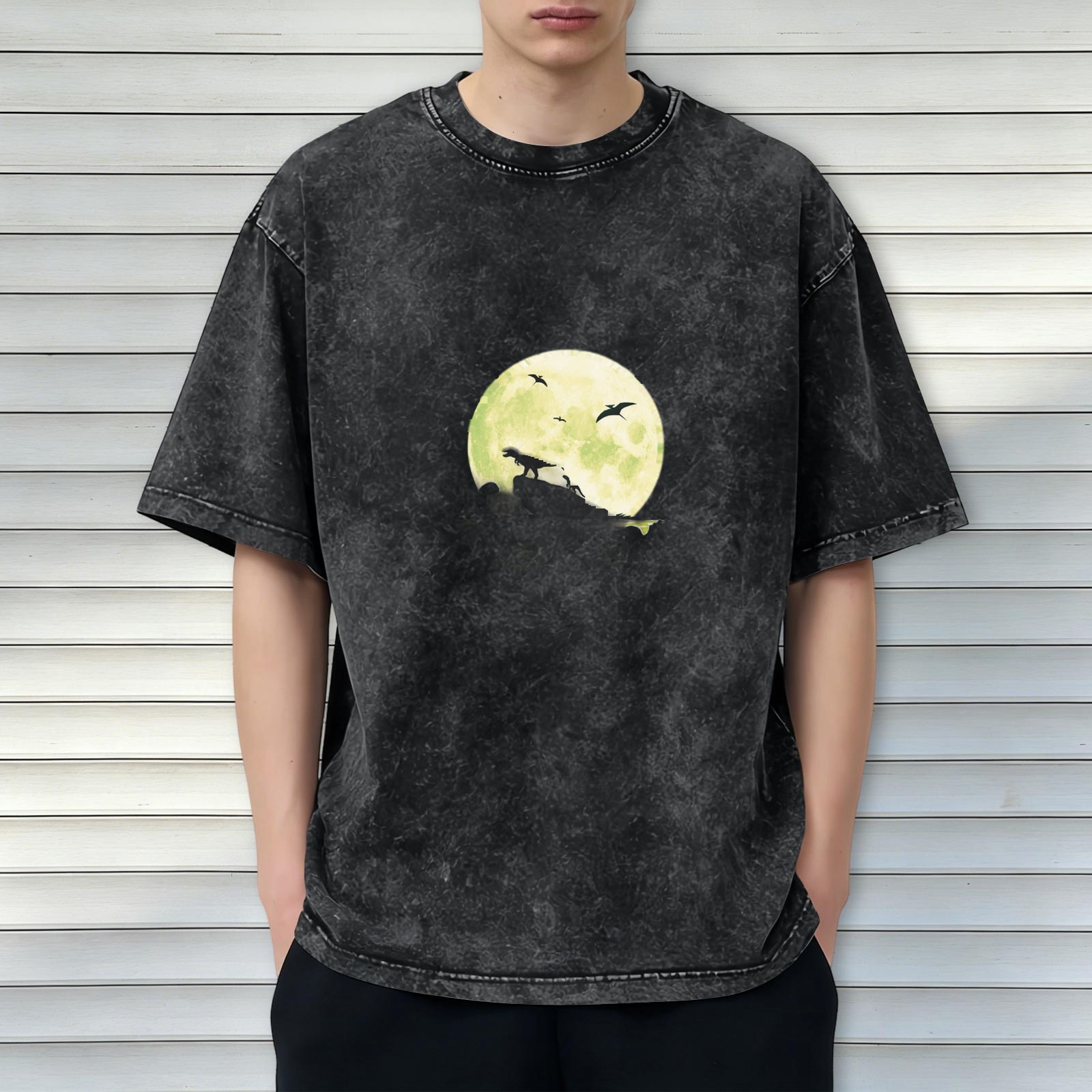 Vintage Acid Wash T-Shirt with Dinosaur Moon Silhouette Graphic