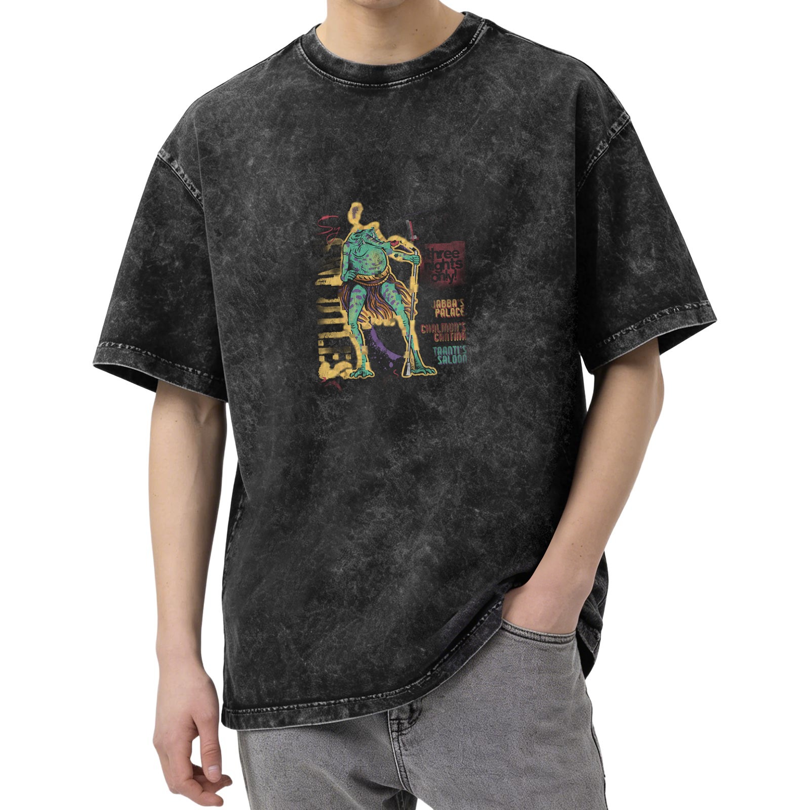 Oversized Acid Wash Graphic T-Shirt with Alien Creature Print