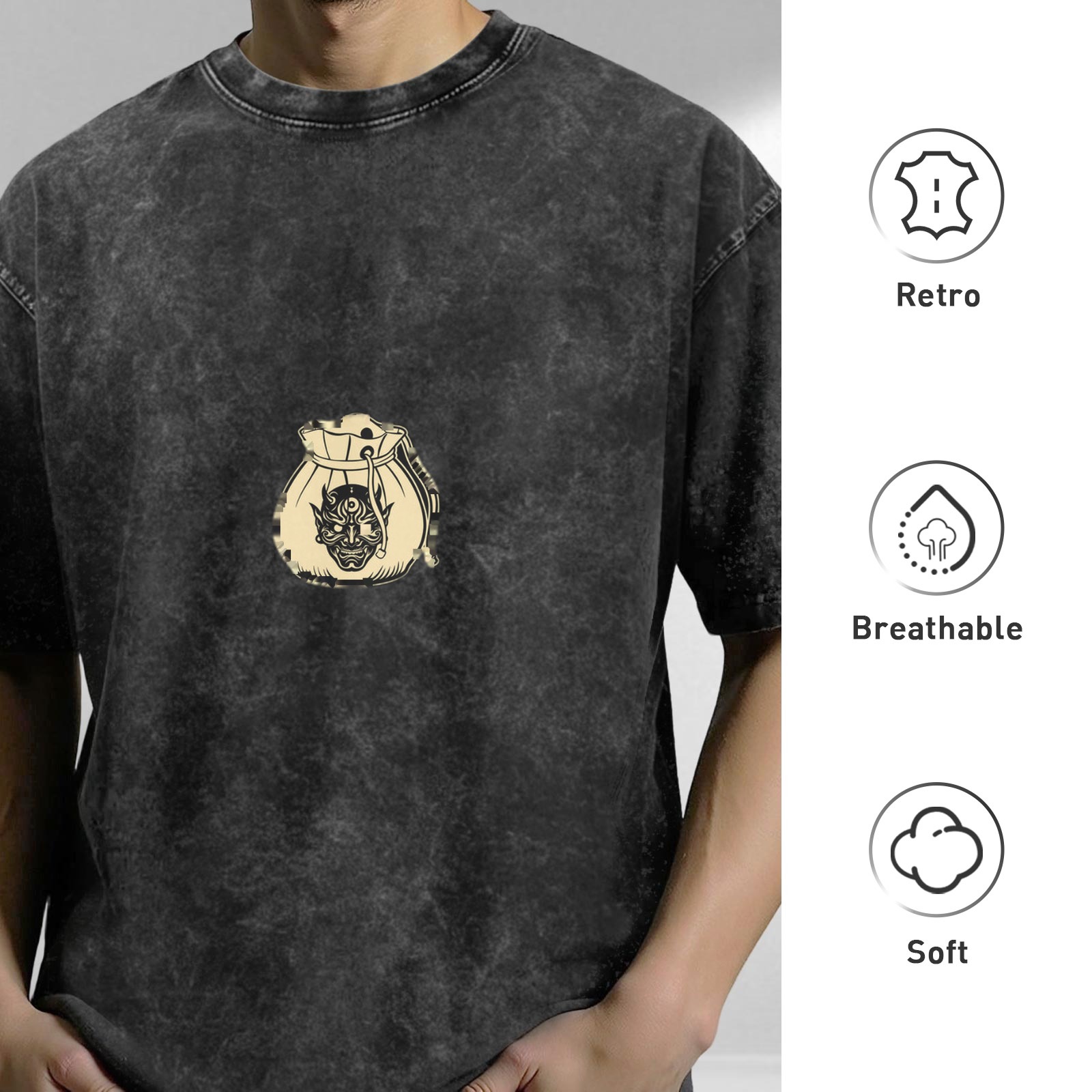Oni Demon Money Bag Graphic Oversized Acid Wash T-Shirt