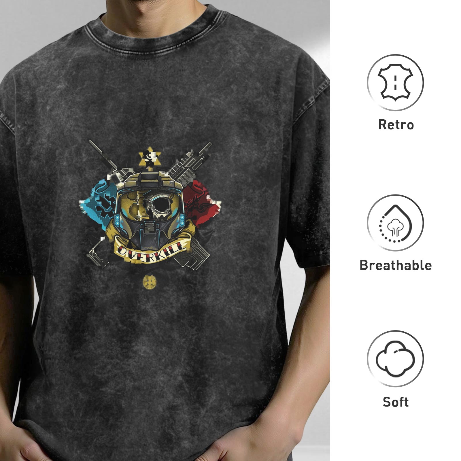 Washed black graphic t-shirt with tactical helmet overkill design