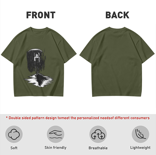 Olive T-Shirt With Rainy Figure And Shadow Graphic Print