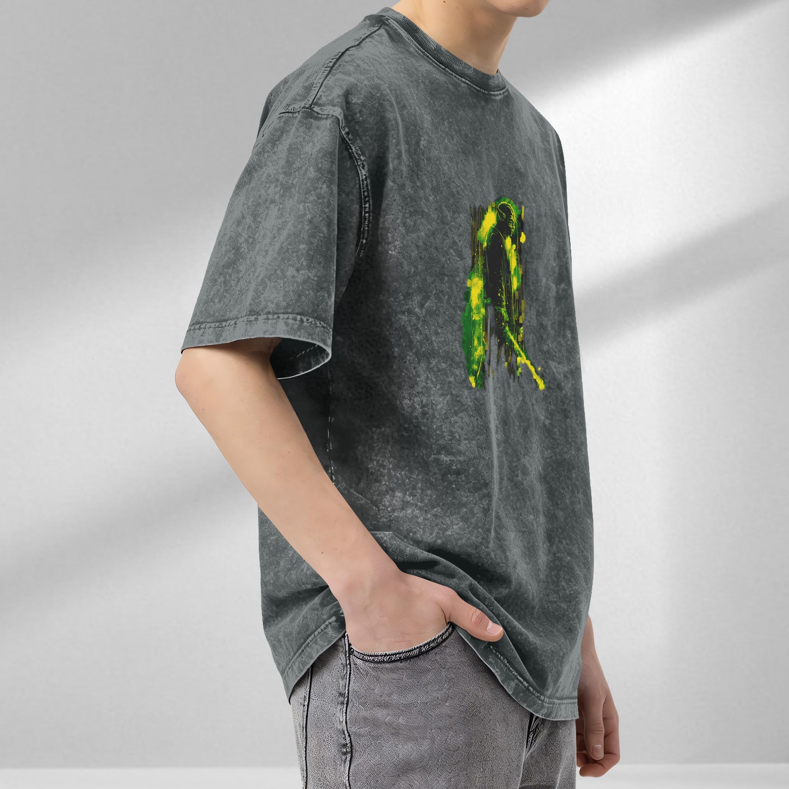 Oversized Acid Wash T-Shirt With Abstract Green Yellow Figure Print