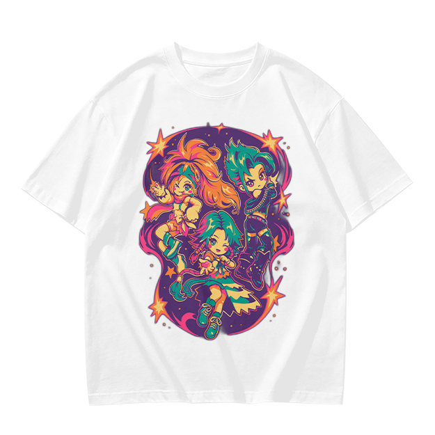 Olive T-Shirt With Vibrant Anime Chibi Characters Graphic Print