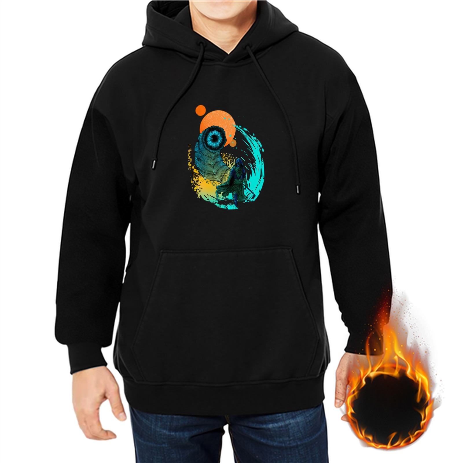 Black Hoodie With Abstract Eye And Celestial Graphic Print