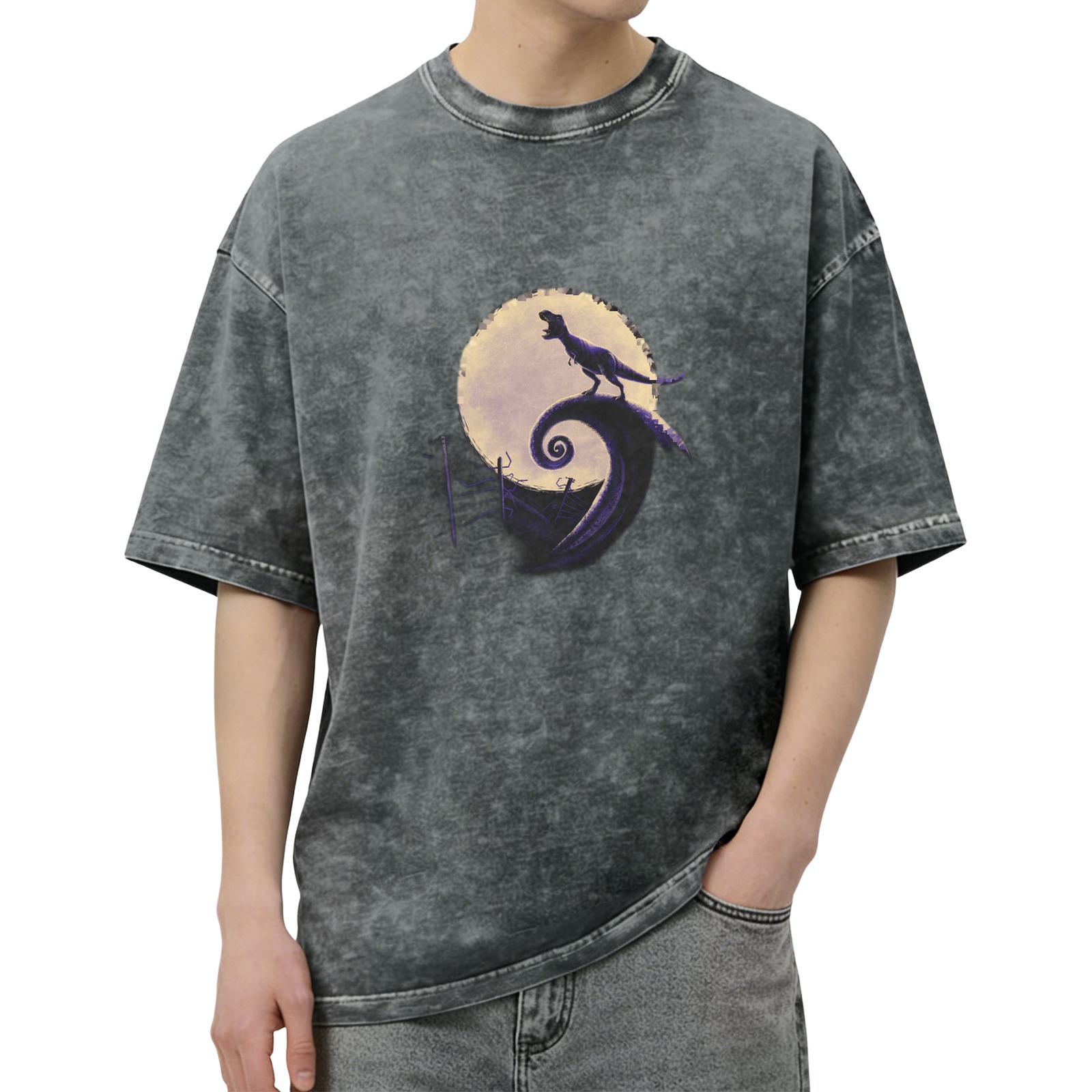 Dinosaur Moon Spiral Graphic Acid-Wash T-Shirt