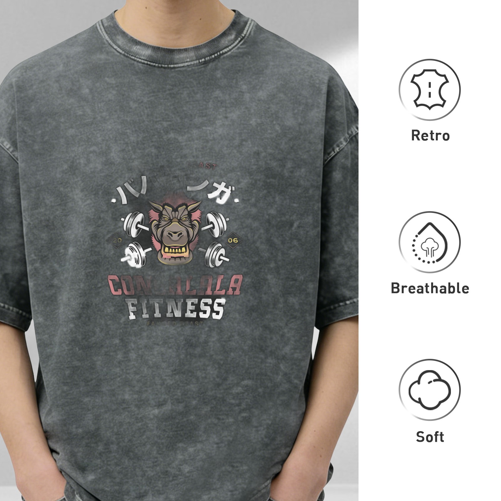 Oversized Stonewashed Gym T-Shirt with Fitness Gorilla Graphic