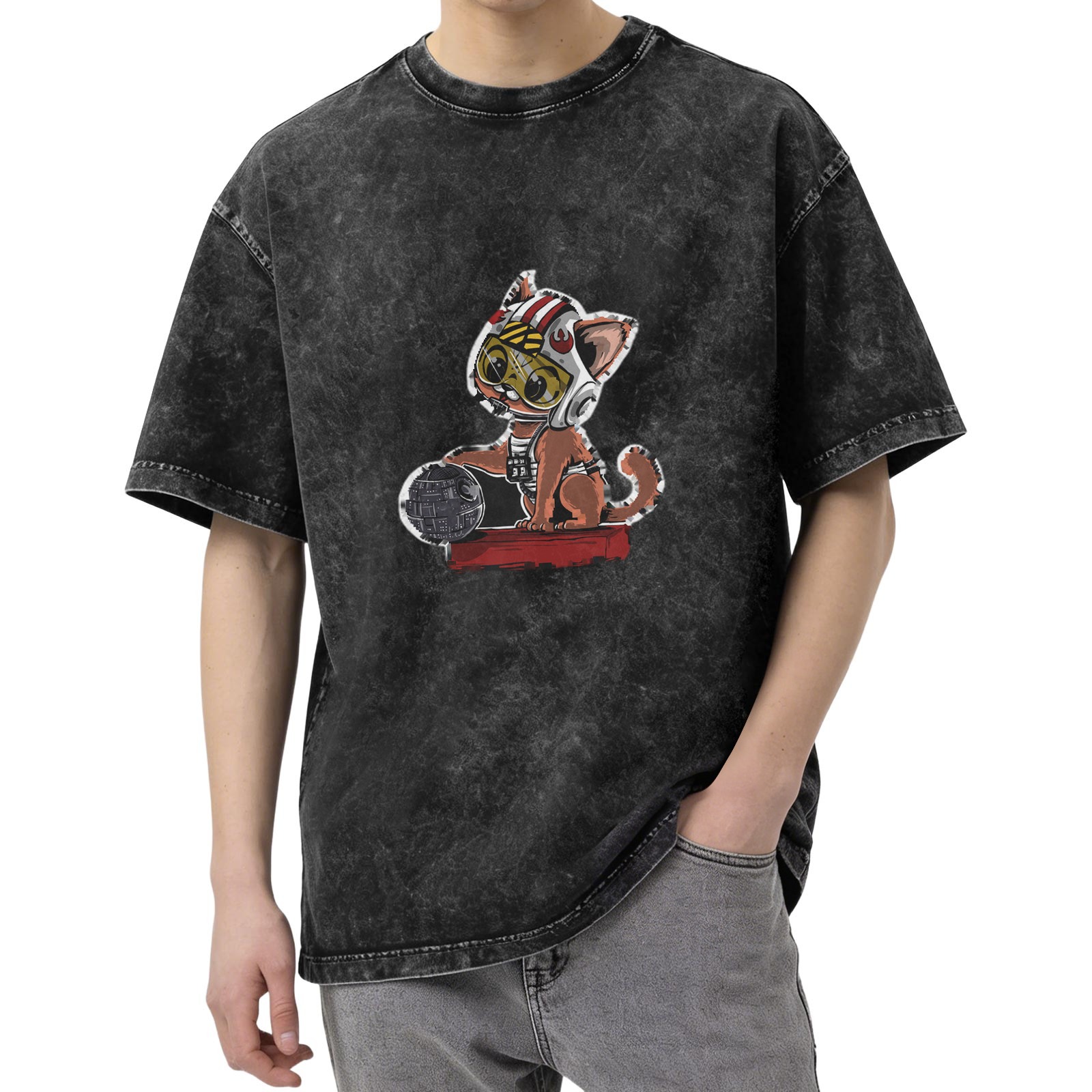 Oversized Washed Black T-Shirt with Cartoon Rebel Pilot Cat Graphic