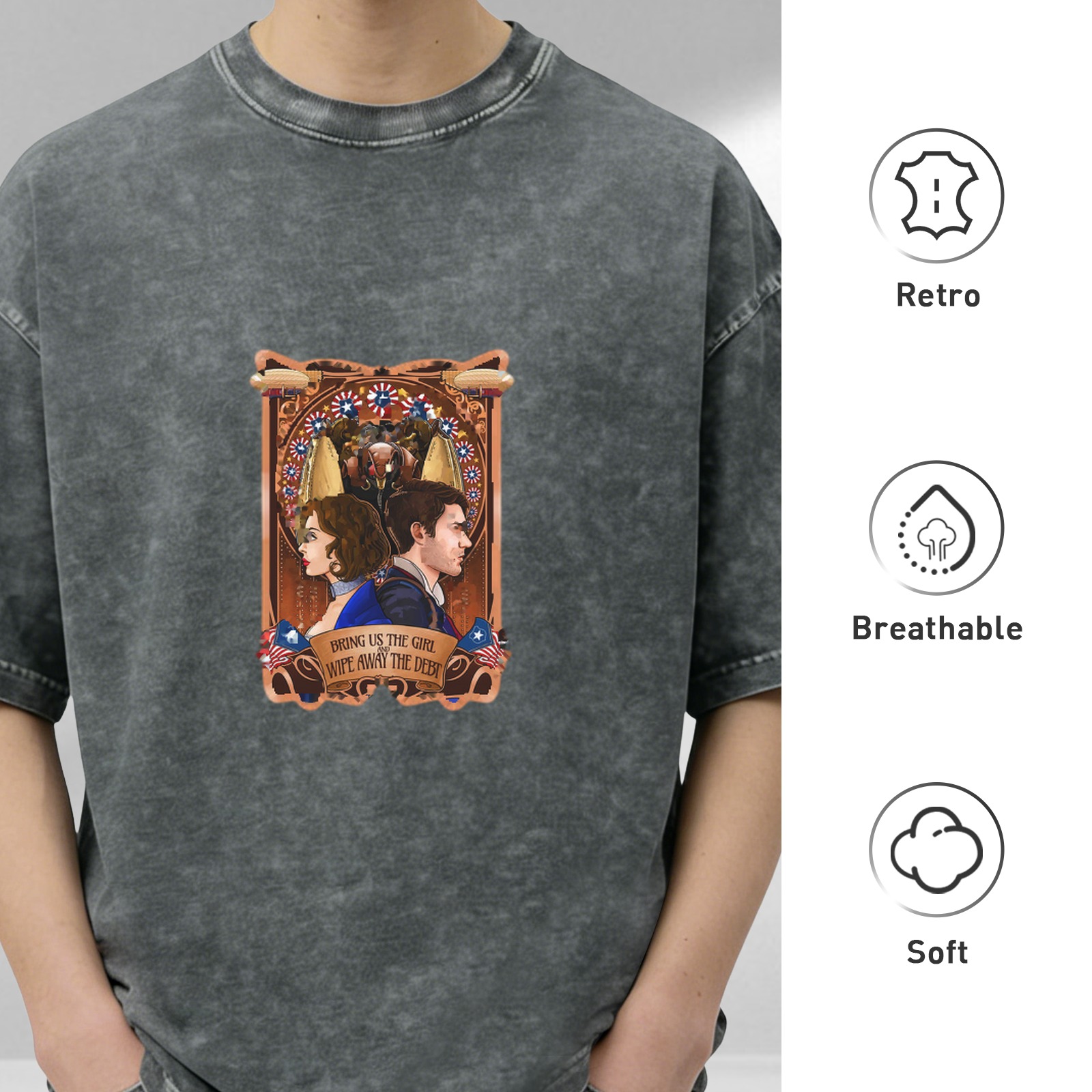 Washed Black Graphic T-Shirt With Bioshock Infinite Style Art Print