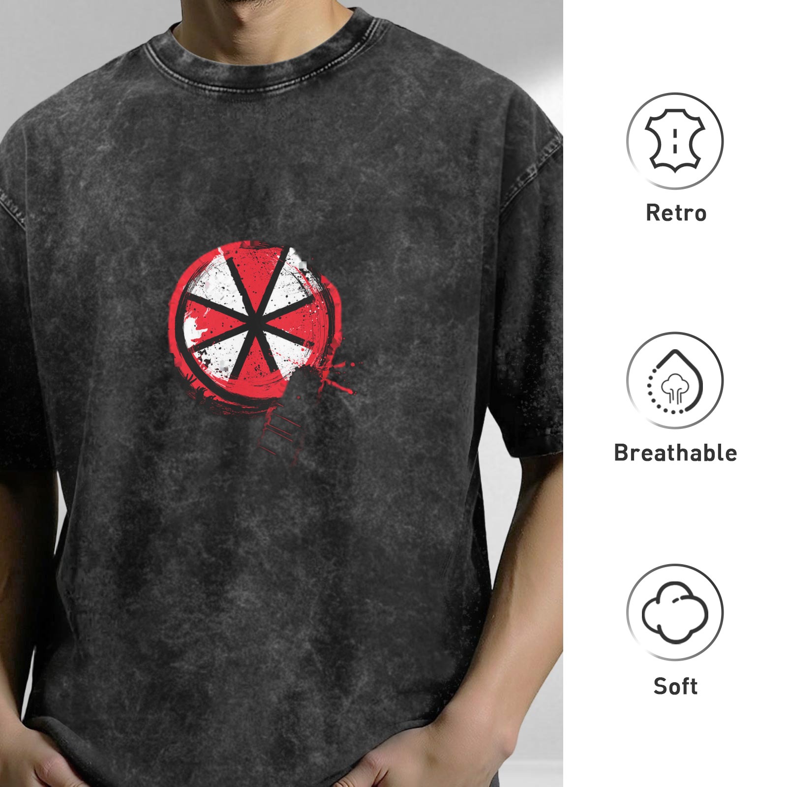 Oversized Acid Wash Black T-Shirt with Red White Circular Graphic