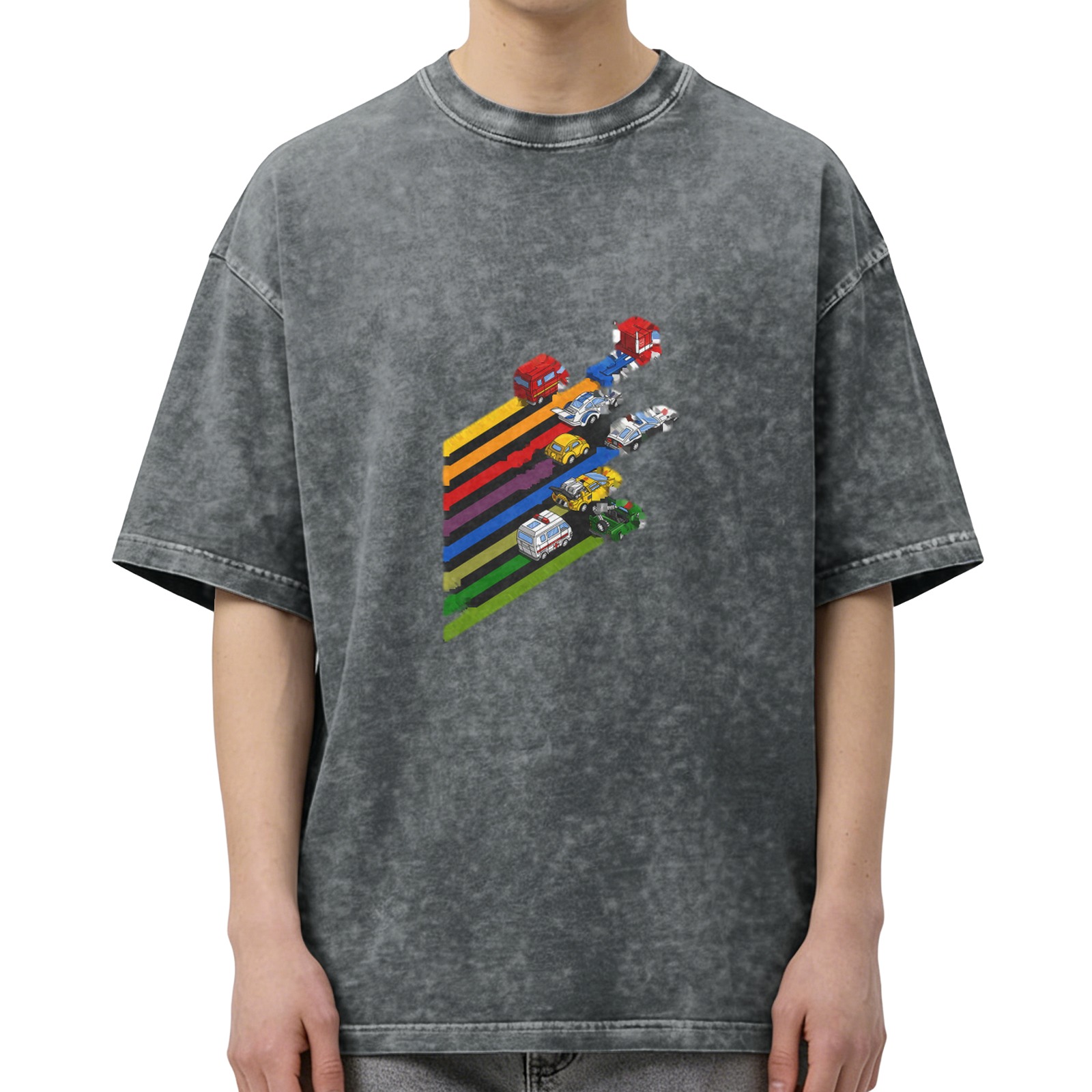 Washed black graphic t-shirt with retro vehicle rainbow stripes design
