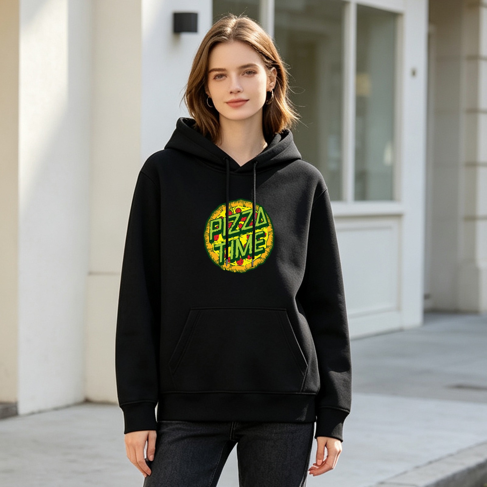 Black Hoodie with Pizza Time Graphic Print