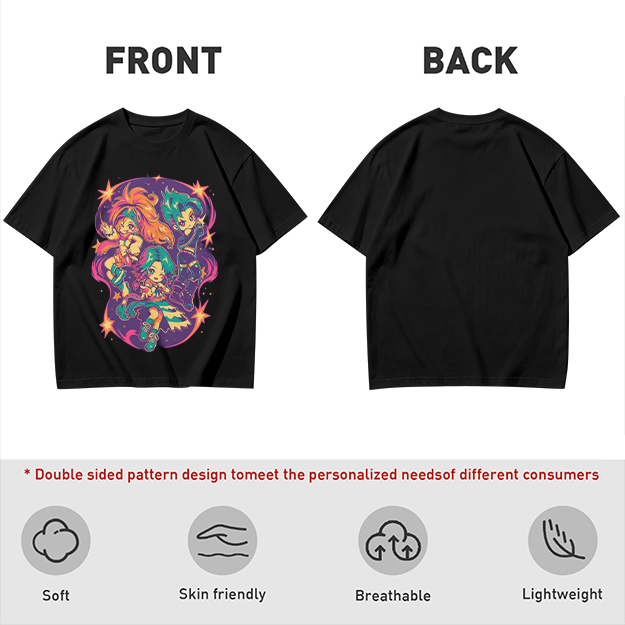 Olive T-Shirt With Vibrant Anime Chibi Characters Graphic Print