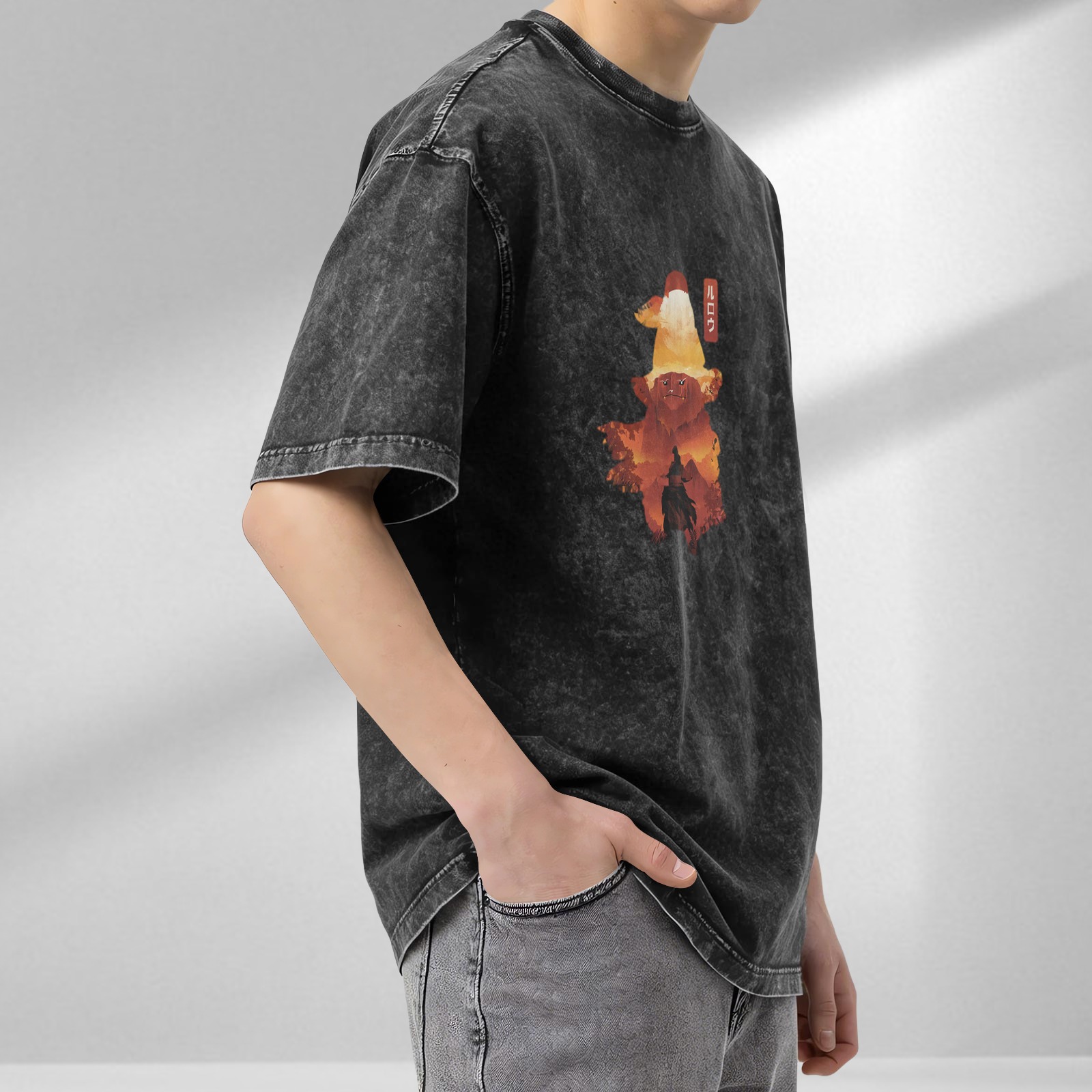 Oversized dark washed graphic t-shirt with wizard silhouette art