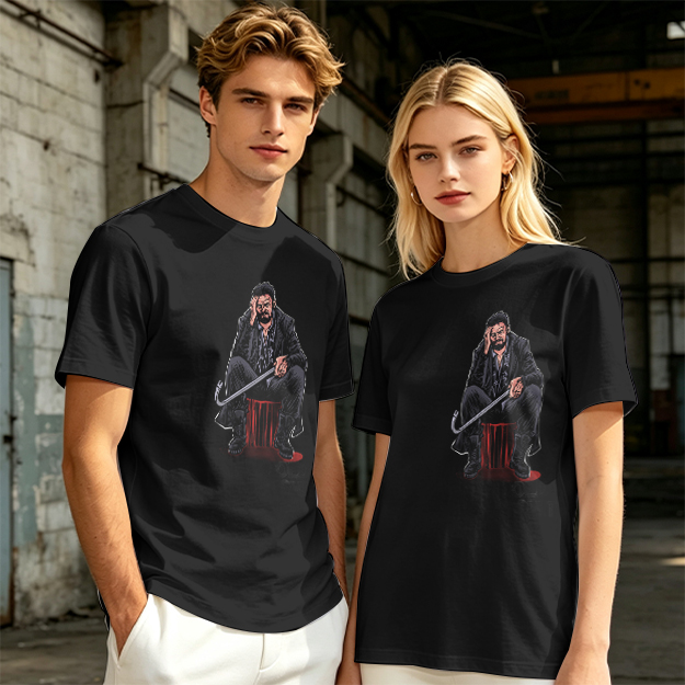 Olive T-shirt with seated bearded man holding crowbar graphic