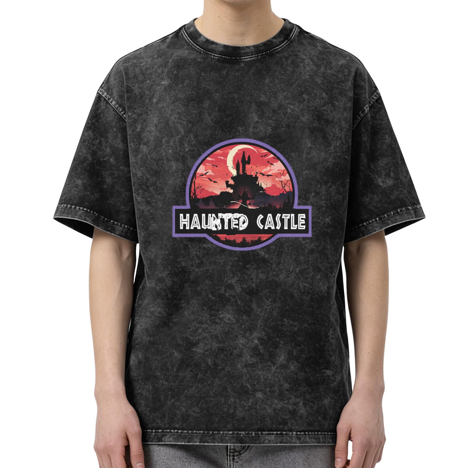 Washed Black T-Shirt with Haunted Castle Halloween Graphic