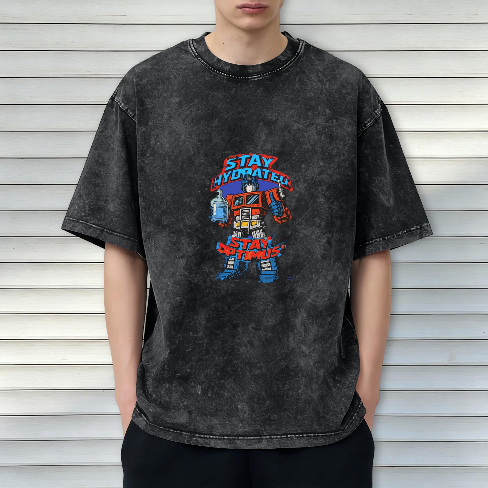 Oversized Acid Wash T-Shirt With Optimus Prime Stay Hydrated Graphic